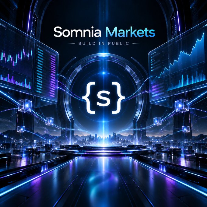 A futuristic digital graphic for 'Somnia Markets' featuring the tagline 'BUILD IN PUBLIC' with an 'S' logo in a glowing blue tech environment with charts and a cityscape.