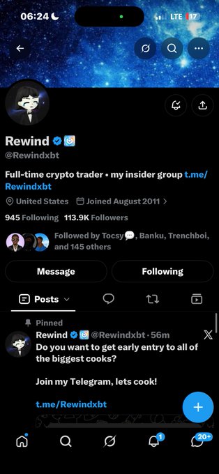 Twitter profile screenshot of "Rewind" (@Rewindxbt), a self-described full-time crypto trader with 945 followers and 113.9K following, promoting a Telegram group at t.me/Rewindxbt.