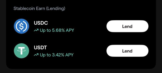 A "Stablecoin Earn (Lending)" interface displaying USDC with up to 5.68% APY and USDT with up to 3.42% APY, each with a "Lend" button. The image illustrates the post's message by showcasing the simple, stress-free way to earn yield on idle USDC and USDT holdings through xPortal's lending feature.
