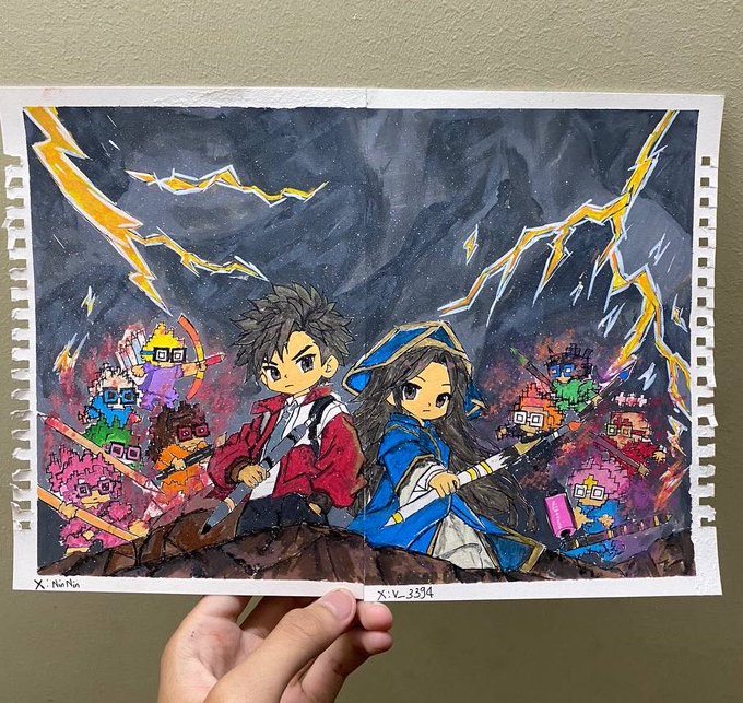 A hand holding up a torn notebook page featuring colorful anime/manga-style artwork of two characters in a dramatic scene with pixelated figures and yellow lightning bolts in the background.