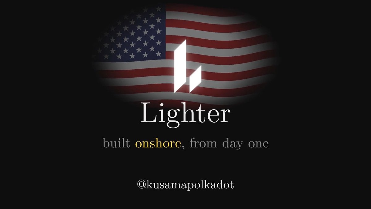 A dark promotional graphic for “Lighter” says “built onshore, from day one,” with the handle “@kusamapolkadot” below and a faint U.S. flag behind the logo.