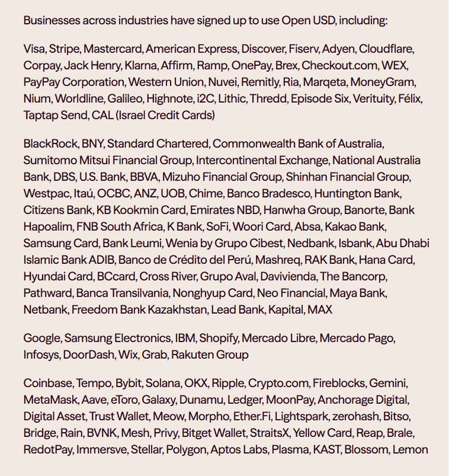 A text list of businesses signed up to use Open USD, including Visa, Stripe, Mastercard, BlackRock, Google, Coinbase, Ripple, and many other financial and tech companies.