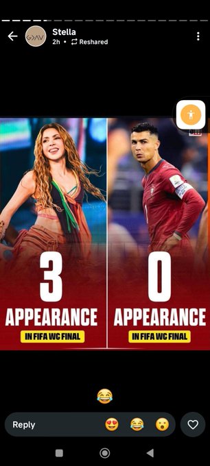 A social media post comparing Shakira and Cristiano Ronaldo, showing '3 APPEARANCE IN FIFA WC FINAL' for Shakira and '0 APPEARANCE IN FIFA WC FINAL' for Ronaldo.