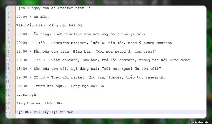 A Vietnamese daily schedule for a content creator on X, detailing time blocks for posts (GM/GN), research, content creation, and meals.