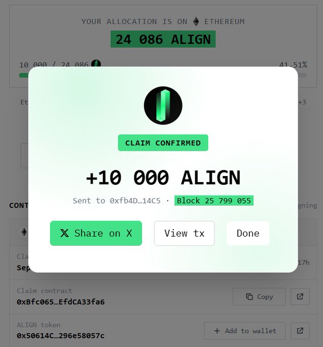 A crypto claim confirmation shows “+10 000 ALIGN” sent to address 0xfb4D…14C5, block 25,799,055. It illustrates the promised Web3 reward or claim, contrasting with the accompanying post’s warning that many projects disappear and yield no profit.