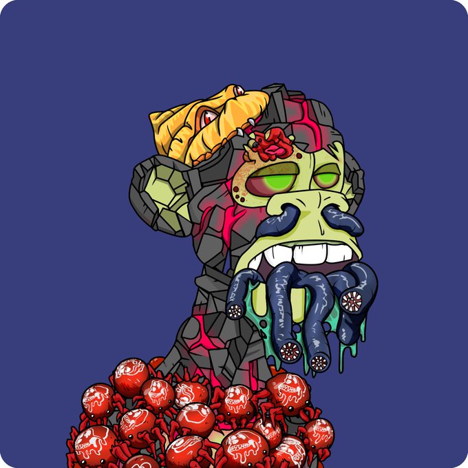 A cartoon illustration of a green zombie head bursting through dark stone, with dark tentacles emerging from its mouth and a pile of red eyeballs below.