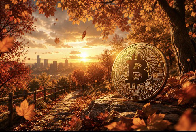 An artistic rendering of a large golden Bitcoin coin resting on a rock in an autumn landscape with orange leaves, a wooden fence, and a city skyline silhouetted against a sunset.