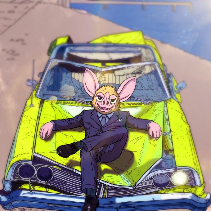 A man in a dark suit with a pig-like face lounges confidently on the hood of a weathered, bright yellow classic convertible parked by a pier, projecting a smug, over-the-top attitude that fits the "extremely hoodrat" caption perfectly.