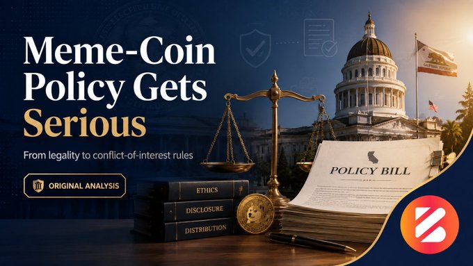 A promotional graphic titled "Meme-Coin Policy Gets Serious: From legality to conflict-of-interest rules," featuring scales of justice, law books labeled "ETHICS," "DISCLOSURE," and "DISTRIBUTION," a document marked "POLICY BILL," and the California State Capitol building—visually reinforcing the article's focus on California's AB 2409, a bipartisan meme-coin regulation bill that passed both chambers unanimously.