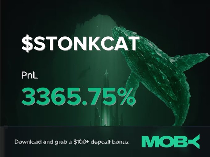 A promotional graphic for the Moby Mobile platform showcases a "Win Alert" celebrating a trader's massive +3365.75% PnL on the $STONKCAT token, featuring a green glowing whale underwater with a call-to-action offering a $100+ deposit bonus download for the Moby app.
