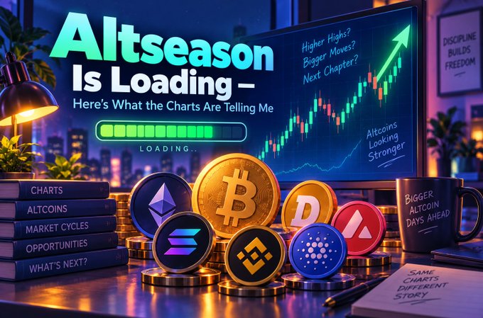 The image features a stylized "Altseason Is Loading" graphic with a progress bar, candlestick charts showing upward momentum, and cryptocurrency coins including Bitcoin, Ethereum, Solana, BNB, Dogecoin, Cardano, and Avalanche displayed alongside books titled "Altcoins," "Market Cycles," and "Charts." It visually reinforces the post's message about altcoins breaking long-term downtrends and potentially entering a new bullish phase, with text like "Higher Highs? Bigger Moves? Next Chapter?" echoing the analyst's bullish outlook on Total 2, Total 3, and small-cap altcoins.