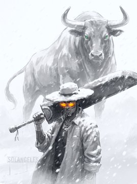 A monochrome digital illustration by SOLANGELES depicts a glowing-eyed gunslinger in a cowboy hat carrying a massive sword over his shoulder, with a large horned bull looming behind him in a snowy, misty setting — fitting the "ANSEM" collaboration theme through its rugged, western-mystic atmosphere.
