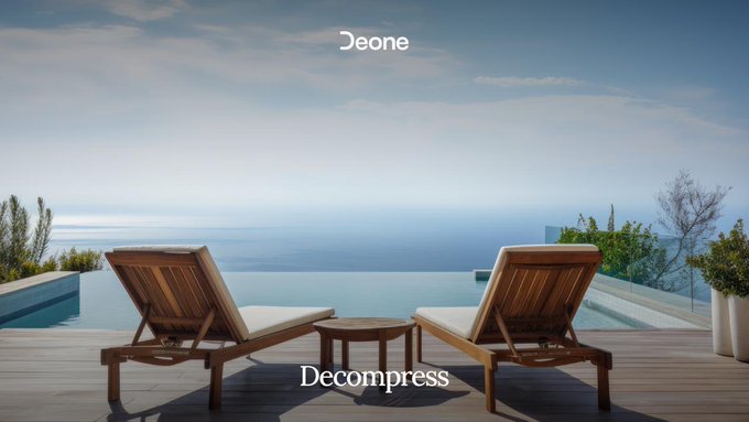 A serene ocean view featuring two wooden lounge chairs with white cushions facing the sea, with 'Deone' text at the top and 'Decompress' text at the bottom.