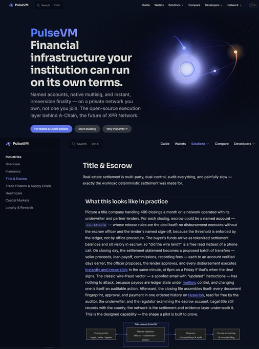 The image shows the PulseVM website, a financial infrastructure platform built on the XRP Ledger, featuring a "Title & Escrow" section that highlights real-estate settlement capabilities including named accounts, dual-control, multi-sig, and auditability—all natively supported by the network.

The connection to the post is that FedNow's emphasis on instant escrow for real estate aligns with PulseVM/MXRP's built-in escrow functionality on the XRP Network, which natively supports instant, programmable, real-time settlement—offering the same benefits FedNow is pursuing, but without intermediaries, and combined with Metallicus's FedNow certification for traditional rails.