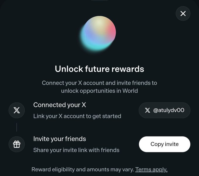 A dark-themed app screen titled 'Unlock future rewards' showing a connected X account (@atulydv00) and an option to 'Copy invite' for inviting friends.
