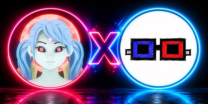 A promotional graphic showing two glowing circular portals facing each other with a large neon 'X' between them — one containing a pale blue-haired anime character and the other showing 3D glasses.