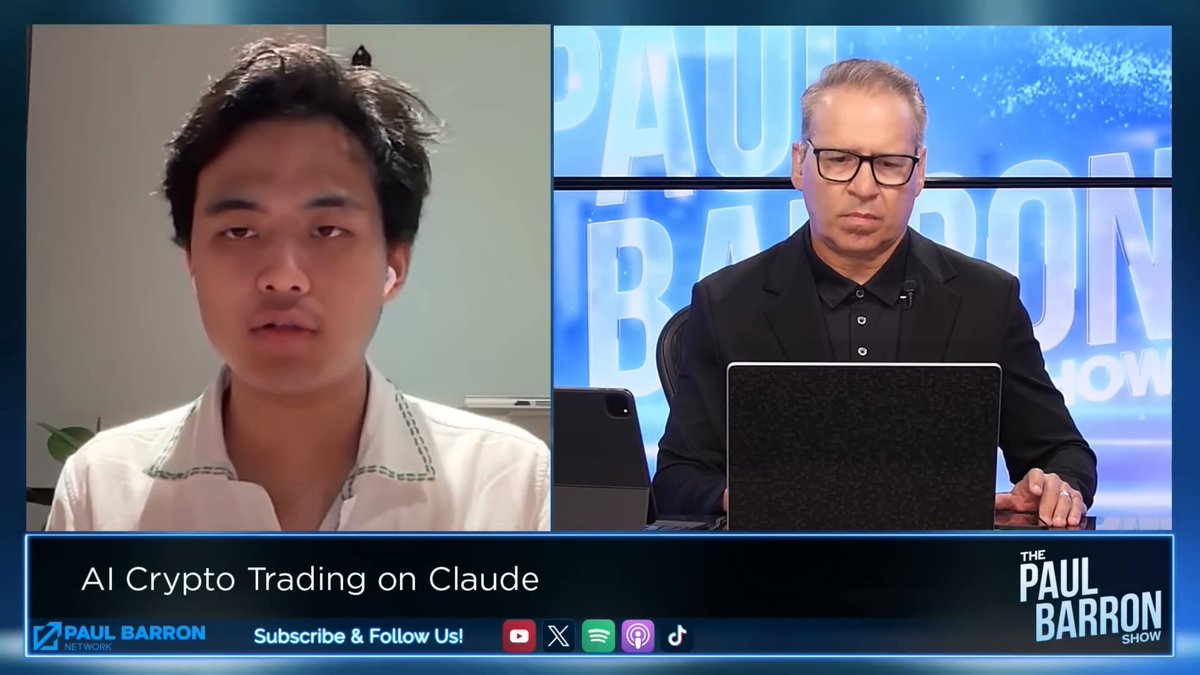 The image shows two men sitting at a desk with laptops open in front of them. They are engaged in an online video call using a streaming platform like Twitch or YouTube Live. The background of the image features a blue screen, which could be part of their video conferencing software. The caption below the image reads "AI Crypt trading on Clude" and "focus on what is in the image".