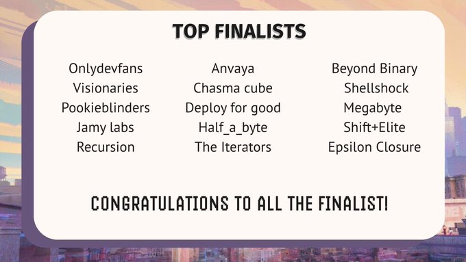 A slide titled 'TOP FINALISTS' lists fifteen team names including 'Onlydevfans', 'Visionaries', 'Pookieblinders', 'Jamy labs', 'Recursion', 'Anvaya', 'Chasma cube', 'Deploy for good', 'Half_a_byte', 'The Iterators', 'Beyond Binary', 'Shellshock', 'Megabyte', 'Shift+Elite', and 'Epsilon Closure', ending with 'CONGRATULATIONS TO ALL THE FINALIST!'.