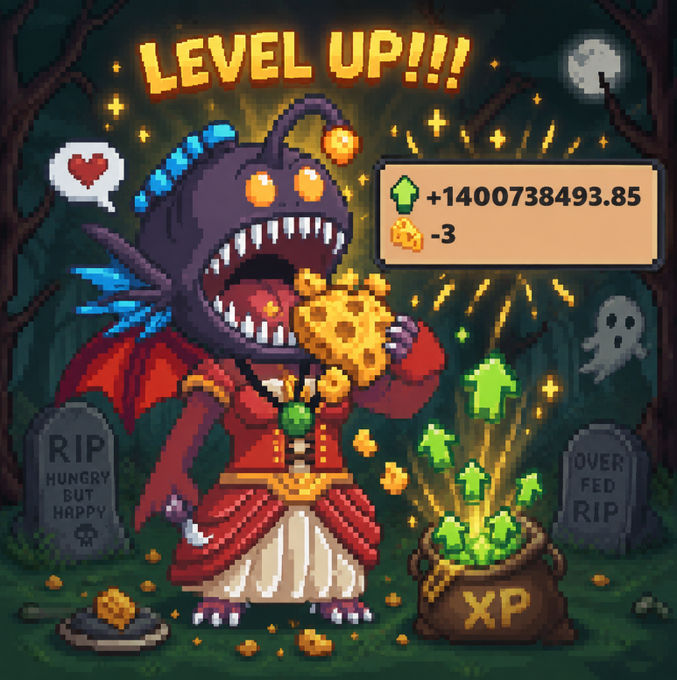 A pixel art 'Level Up!!!' gaming illustration showing a purple monster character eating pizza, with +1400738493.85 XP gained and tombstones reading 'RIP HUNGRY BUT HAPPY' and 'OVER FED RIP'.