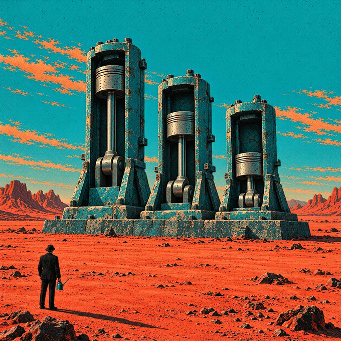 A lone figure in a hat stands before three colossal, weathered piston-like machines in a vast red desert, evoking the immense industrial machinery powering Kaspa's high-throughput blockchain that produces 10 blocks per second. The monumental structures symbolize how covenants enable developers to build modular applications—like separate games—that can update independently without interfering with one another.
