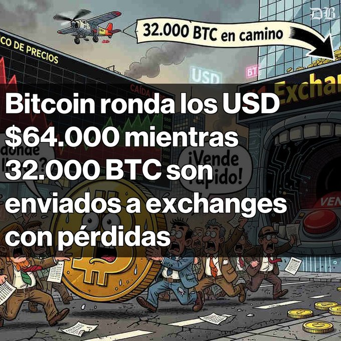 A cartoon illustration depicts panicked investors rushing to sell at an "Exchange" while a distressed Bitcoin character looks on, with a plane dropping "32,000 BTC en camino" overhead. The Spanish text overlay reads: "Bitcoin ronda los USD $64,000 mientras 32,000 BTC son enviados a exchanges con pérdidas," visually reinforcing the post's narrative of short-term holders capitulating as 32,000 BTC move to exchanges at a loss while Bitcoin hovers near $64,000.