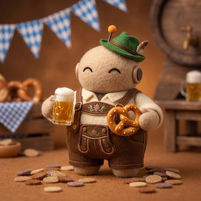 A 3D-rendered, cute, plush-like character dressed in traditional Bavarian lederhosen and a green hat, holding a mug of beer and a pretzel in an Oktoberfest setting.