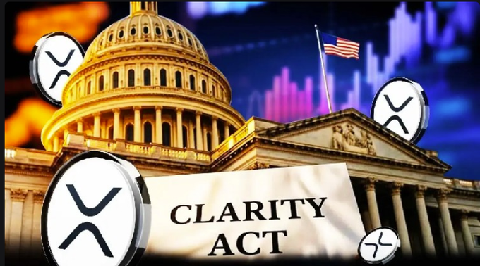 The image depicts the U.S. Capitol building surrounded by XRP cryptocurrency coins and a document labeled "CLARITY ACT," set against a backdrop of trading charts. This visual illustrates the post's message about the CLARITY Act gaining momentum in Washington, symbolizing the intersection of cryptocurrency regulation and legislative action.