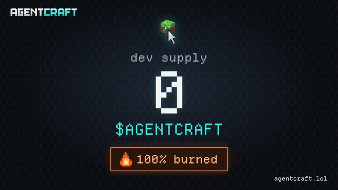 An 'AGENTCRAFT' graphic displays a Minecraft-style chest icon, the text 'dev supply', the ticker '$AGENTCRAFT', and an orange box reading '🔥 100% burned', with 'agentcraft.lol' in the corner.