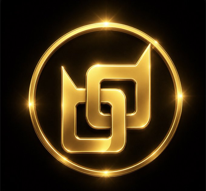 A shiny gold 3D logo featuring an interlocking design enclosed in a circle, set against a black background with glowing light flares.