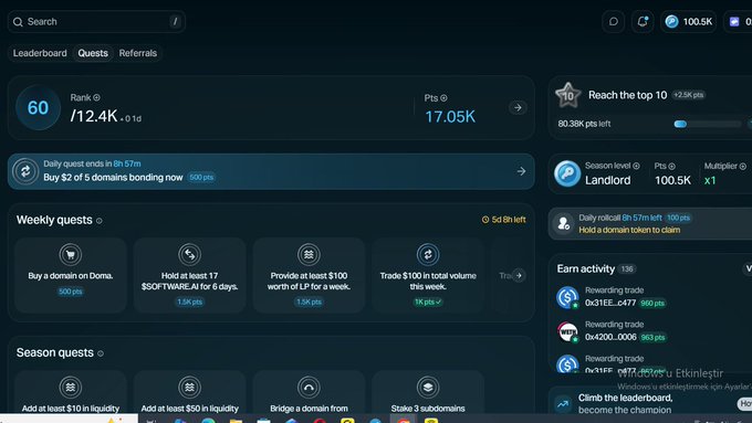 A screenshot of a leaderboard/quests dashboard showing rank 60, /12.4K, 17.05K points, and various quests including 'Buy a domain on Doma', 'Hold at least T7 $SOFTHARE', and weekly/season quests.