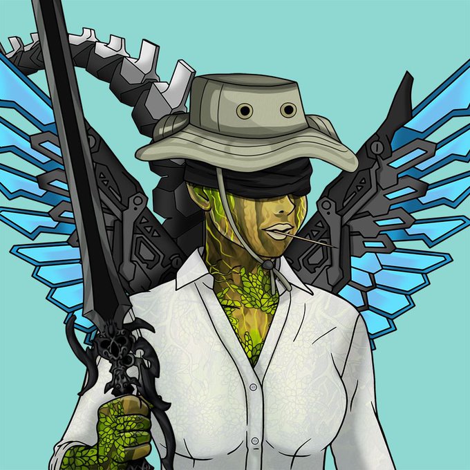 A digital illustration of a cyberpunk-style character with green scaly skin, wearing a bucket hat and white shirt, holding a large sword, with blue mechanical wings spread behind them.