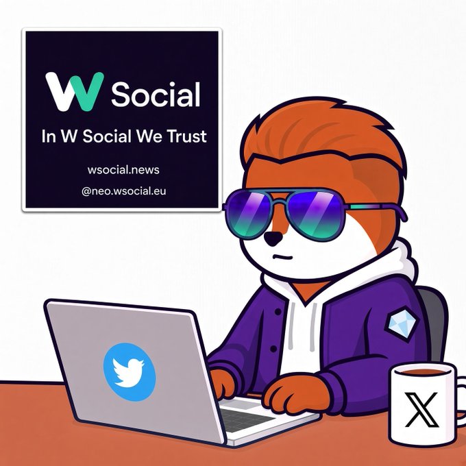 An illustrated mascot character wearing sunglasses and a purple hoodie working on a laptop displaying the Twitter bird logo, accompanied by a coffee mug marked with the X logo, and a poster reading 'W Social - In W Social We Trust' with the website wsocial.news and @neo.wsocial.eu.