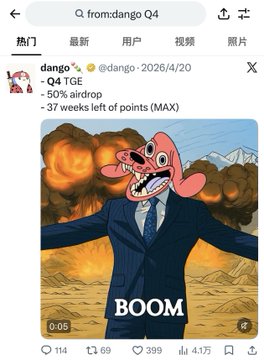 A meme image posted by @dango shows a cartoon figure in a suit with a panicked dog-like face against an explosion backdrop with the text "BOOM," referencing the Q4 TGE project's collapse. The caption and ticker highlights the irony of Dango's failure following its promised 50% airdrop and 1% token allocation for social contributors, dated 2026/4/20.