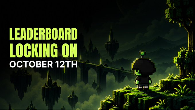 A dark, atmospheric pixel art promotional image announcing 'LEADERBOARD LOCKING ON OCTOBER 12TH' in green and white text, showing a small pixelated character with a green helmet standing on grass platforms overlooking a misty landscape with floating islands and a stone bridge.