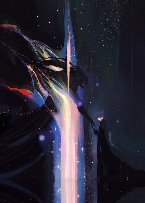A digital illustration depicts a cosmic scene with a large robed figure extending a hand toward a smaller cloaked figure, separated by a brilliant vertical beam of rainbow light against a starry dark background.