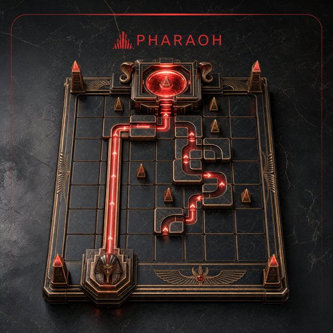 A digital rendering of an Egyptian-themed puzzle board game labeled 'PHARAOH' featuring glowing red pathways and pyramid pieces.