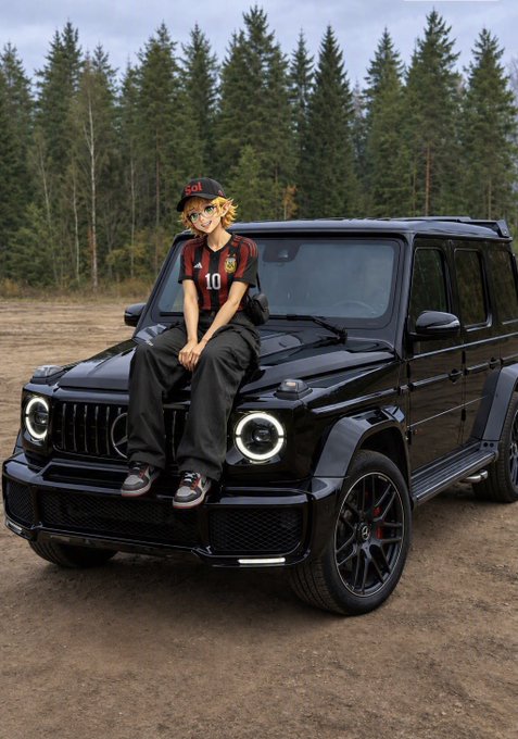 An anime-style character with blonde hair and a red and black jersey (number 10) sits on the hood of a black Mercedes G-Wagon in a forested area.