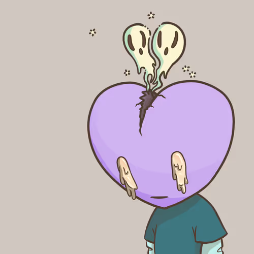 A cartoon illustration of a character with a purple heart-shaped head that is cracked open, with green liquid and skull shapes emerging from the top, and yellow slime dripping from the eyes.