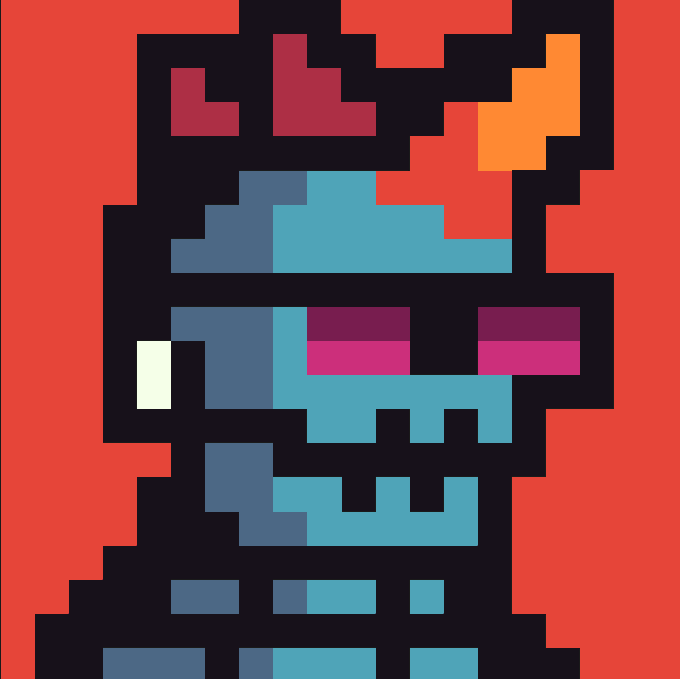 A pixel art image of a blue skeleton character with an orange flame on its head, featuring pink and purple pixelated eyes and a white tooth, set against a red background.