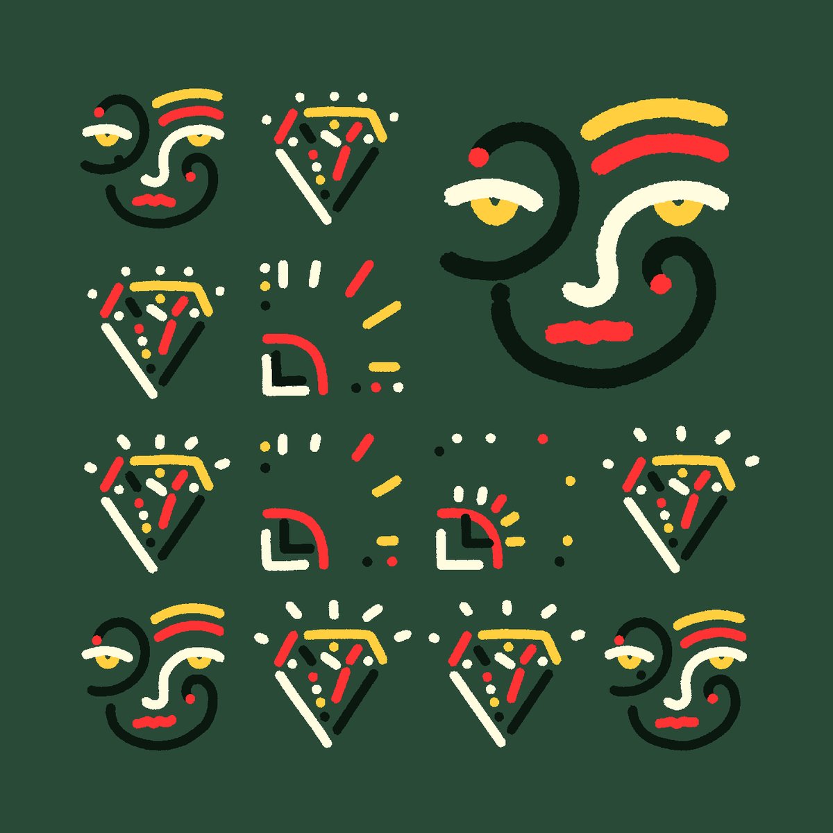 The image features a collection of cartoon faces with various designs and patterns, including a face with a red nose and a yellow eye, as well as other unique facial features. The faces are arranged in a grid-like pattern against a green background, creating an interesting visual effect. The caption below the image provides context about the creator's inspiration for the artwork, suggesting that it is a piece of art created by someone who has hyped up their own work to be shared on social media platforms like Instagram or Twitter.