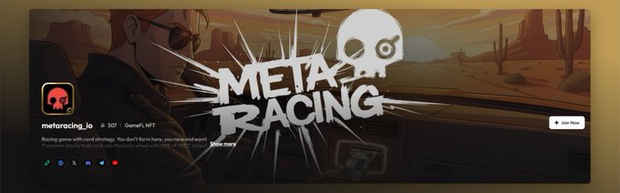 A Roblox community page titled 'Meta Racing' by metaracing_ilo displays the tagline 'Racing game with card strategy. You don't farm here, you race and earn!' alongside desert and character artwork.