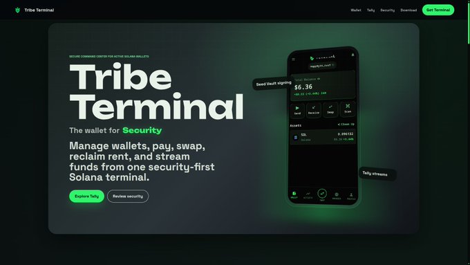 The image shows a promotional landing page for "Tribe Terminal," describing it as "The wallet for Security" with features to manage wallets, pay, swap, reclaim rent, and stream funds on Solana, with a phone mockup displaying a $6.36 balance and features like Send, Receive, Swap, and Stake. The "Coming Soon to the Solana Mobile dApp Store" post aligns with this image by announcing Tribe Terminal's upcoming launch on the Solana Mobile dApp Store, highlighting it as a security-first Solana terminal.