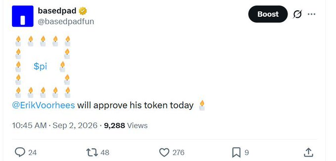 Tweet from @basedpadfun featuring a rocket emoji border around '$pi' with text reading '@ErikVoorhees will approve his token today'.