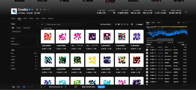 An expanded view of the 'Credits' NFT marketplace page showing collection statistics and item listings with various pixel-art images.