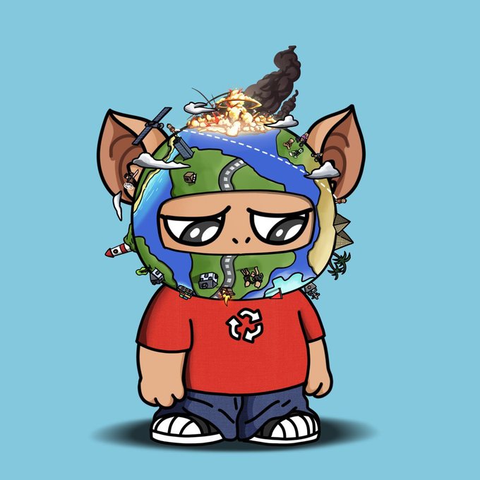 A digital illustration of a cartoon character with large ears wearing a world map helmet with explosions on top, a red shirt, and blue shorts.
