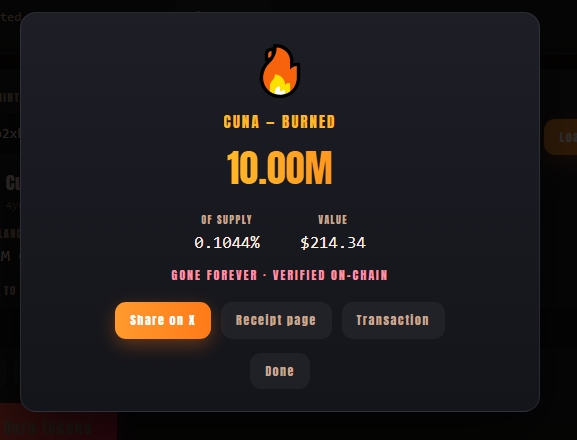A token burning confirmation screen showing 'GUNA - BURNED 10.00M' with options to share on X, view receipt page, or see transaction.