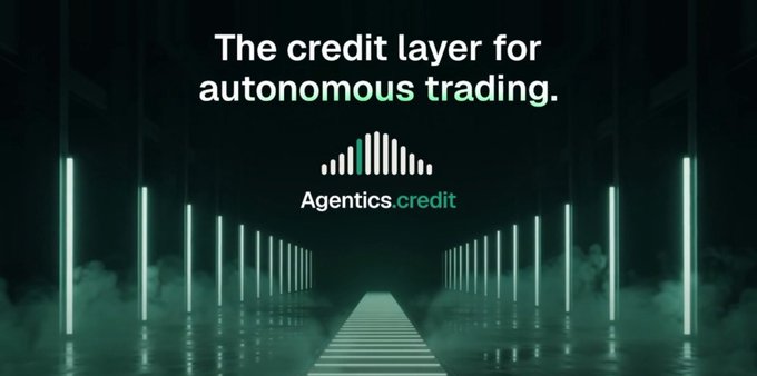A digital advertisement with the text 'The credit layer for autonomous trading.' and the logo 'Agentics.credit' displayed against a dark, futuristic background with glowing teal vertical lines.