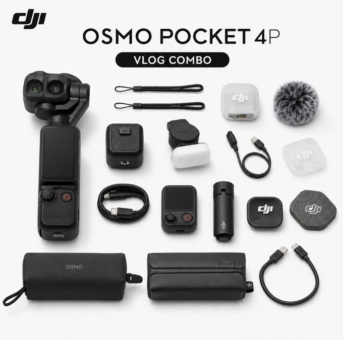 A product layout of the 'DJI OSMO POCKET 4 P VLOG COMBO' showing the camera, microphone, cables, and cases on a white background.