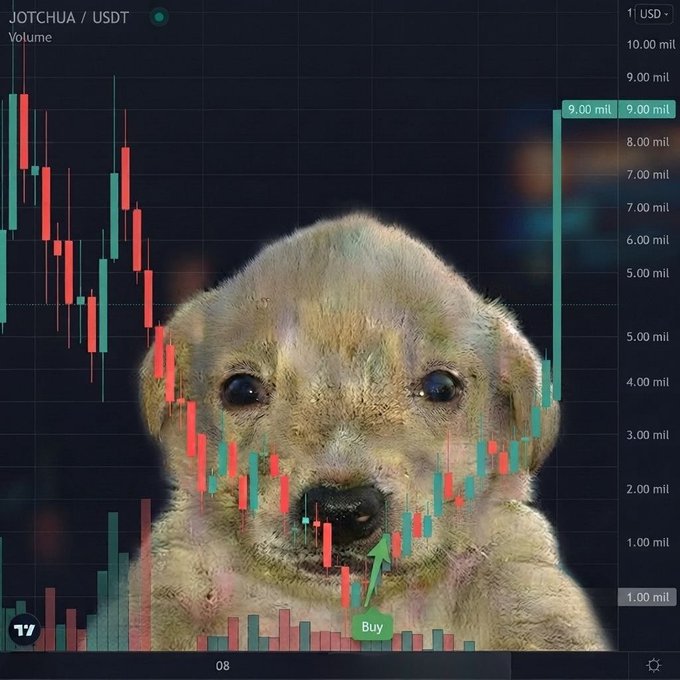A TradingView chart for the meme coin ticker **JOTCHUA / USDT** is overlaid with an image of an adorable puppy, with a green "Buy" arrow pointing toward the price action — humorously framing the post's enthusiastic call to buy "Jotchua" by suggesting even puppies are bullish on the asset.