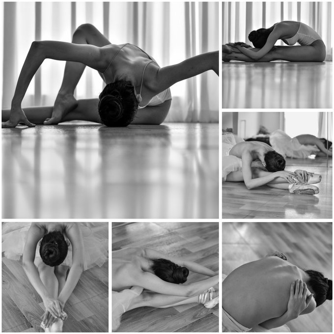 A black-and-white photo collage shows a ballerina in various stretching poses, including a deep backbend, forward folds, and seated stretches, with her pointe shoes and ballet attire visible against a wooden floor and curtained background.